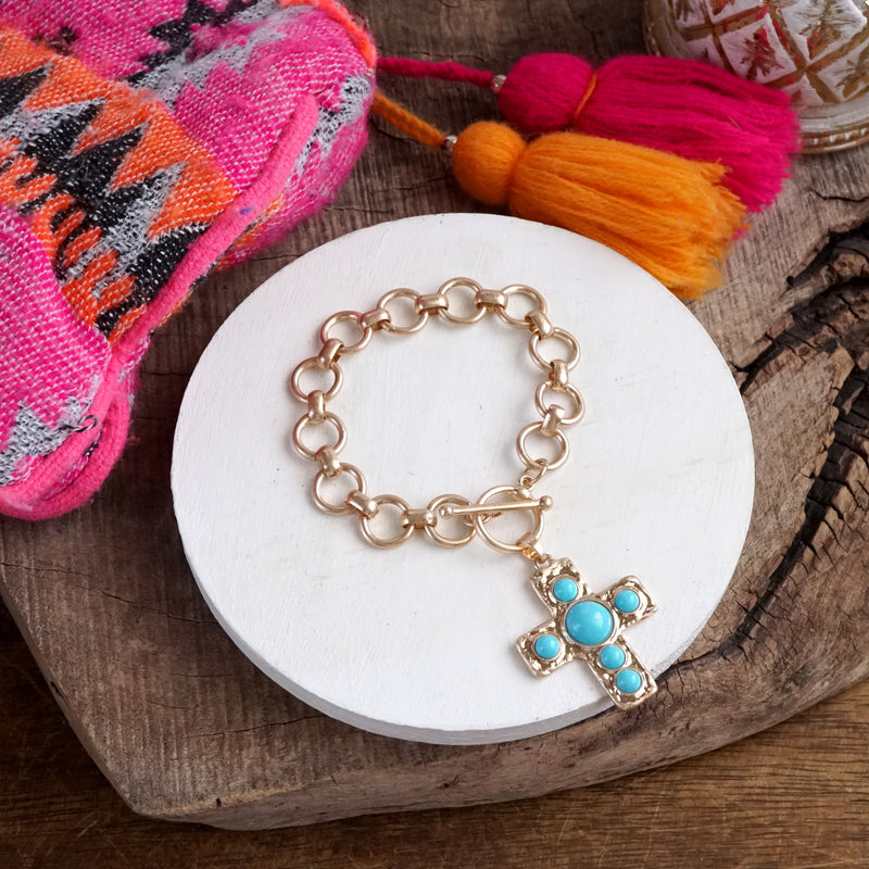 Primitive Cross Chain Bracelet – Worn Gold with Turquoise or Pearl