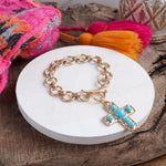 Primitive Cross Chain Bracelet – Worn Gold with Turquoise or Pearl