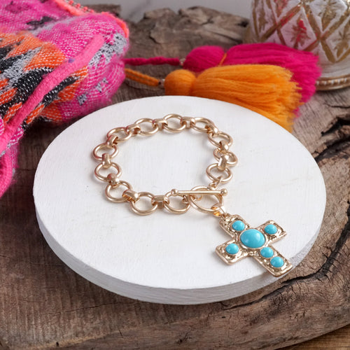 Primitive Cross Chain Bracelet – Worn Gold with Turquoise or Pearl
