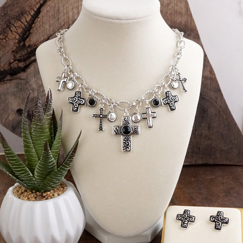 Sacred Rhythm – Cross Charm Necklace Set in Worn Silver