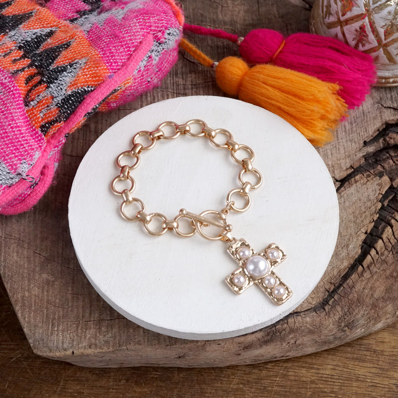 Primitive Cross Chain Bracelet – Worn Gold with Turquoise or Pearl