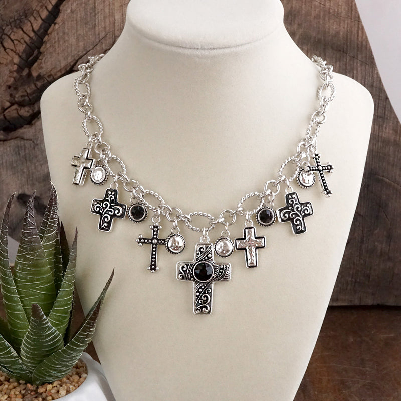 Sacred Rhythm – Cross Charm Necklace Set in Worn Silver