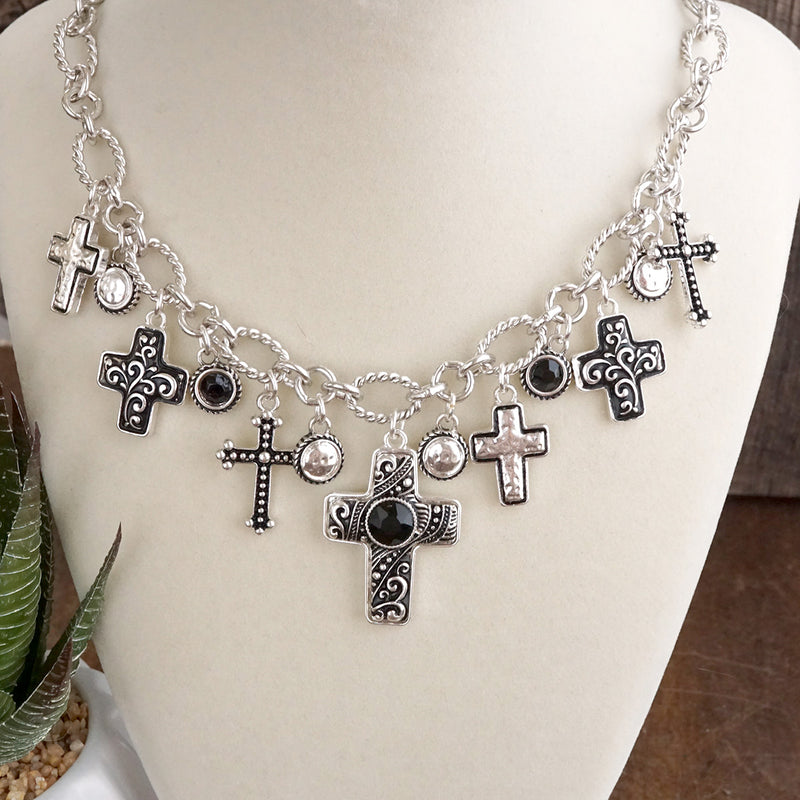 Sacred Rhythm – Cross Charm Necklace Set in Worn Silver
