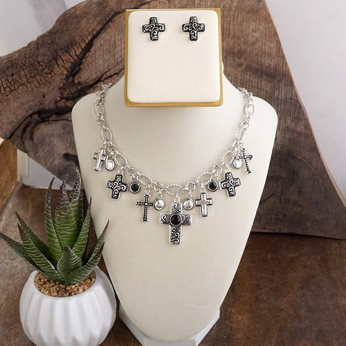 Sacred Rhythm – Cross Charm Necklace Set in Worn Silver