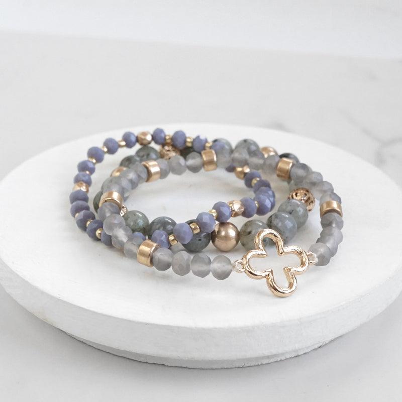 Clover Beaded Bracelet Set Semi Precious Gold tone - Grey