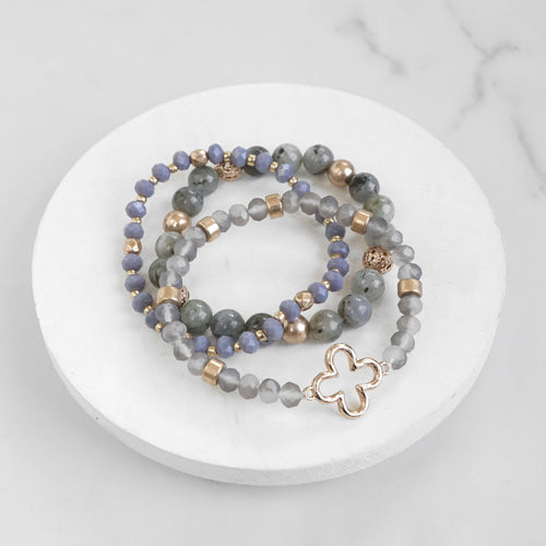 Clover Beaded Bracelet Set Semi Precious Gold tone - Grey