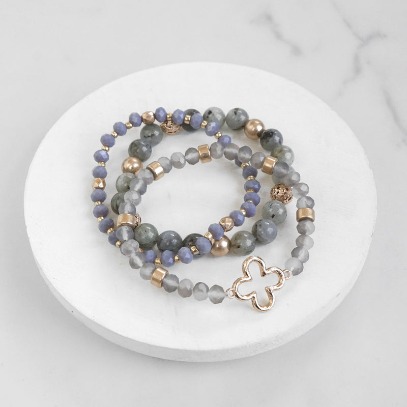 Clover Beaded Bracelet Set Semi Precious Gold tone - Grey