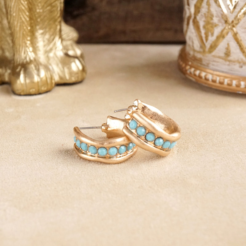 Minimalist Hoops with Faux Pearls or Turquoise – Brushed Gold