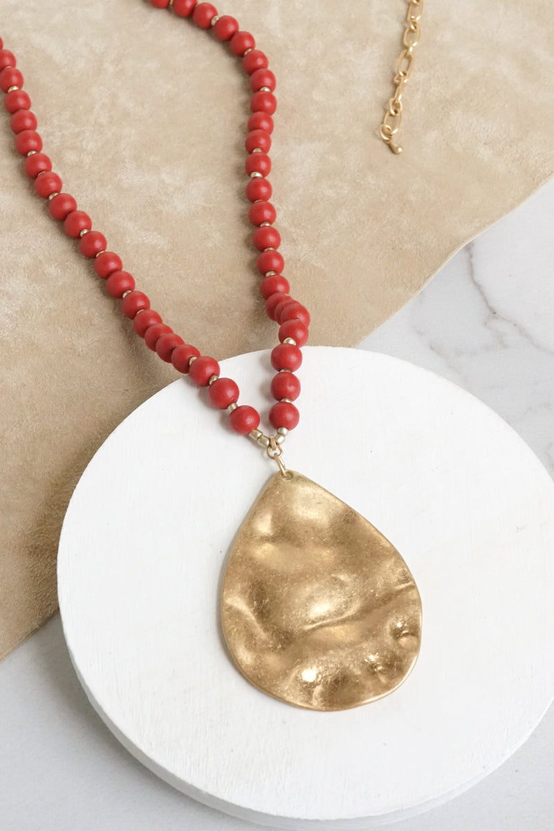 Long Wooden Bead Necklace with gold teardrop - red