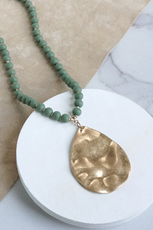 Long Wooden Bead Necklace with gold teardrop - olive green