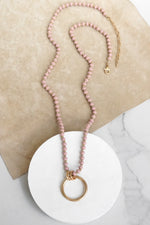 Long Wooden Bead Necklace with gold circle ring - Pink