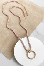 Long Wooden Bead Necklace with gold circle ring - Pink