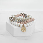 Beaded Bracelets set coin charm In Ivory Brown Blush pink - Multi color