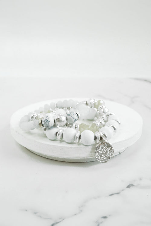 Coin Wood Beaded Bracelet Set - Silver Gold Tone