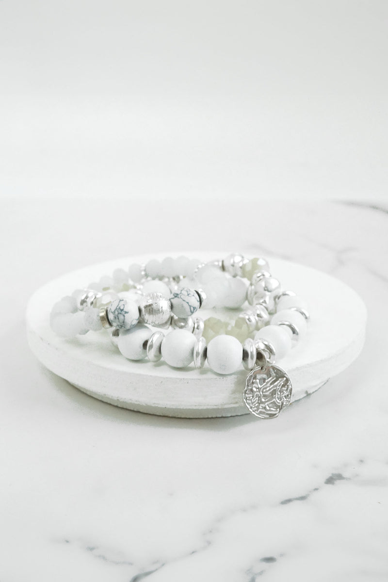 Coin Wood Beaded Bracelet Set - Silver Gold Tone
