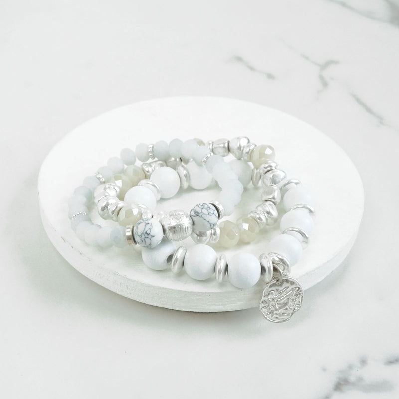 Coin Wood Beaded Bracelet Set - Silver Gold Tone