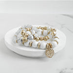 Coin Wood Beaded Bracelet Set - Silver Gold Tone