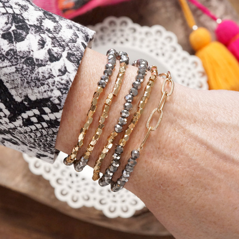Classic Bracelet Set – Gold Chain & Hematite Gray Beads