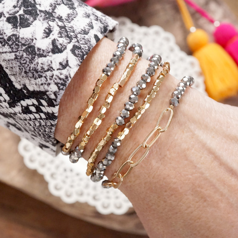 Classic Bracelet Set – Gold Chain & Hematite Gray Beads