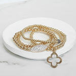 Clover and ball beads Bracelet Set with crystals in gold tone