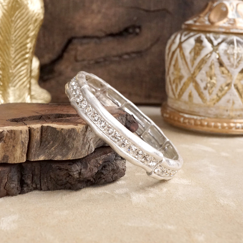 Minimalist Crystal & Pearl Bangle Bracelet – Brushed Gold or Silver