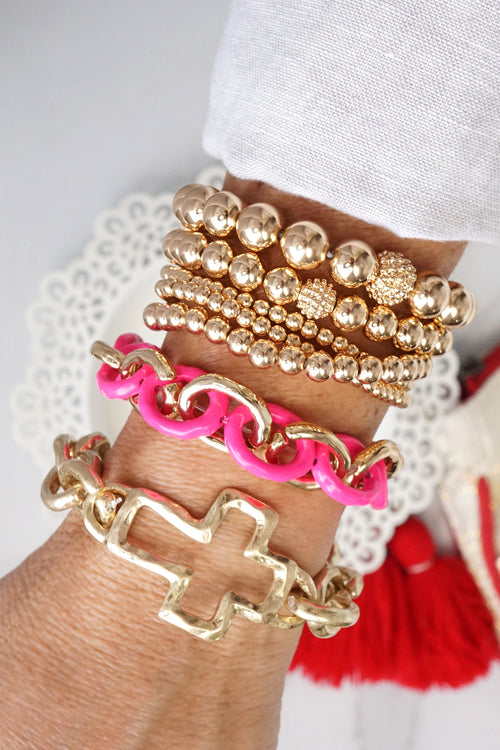 Multi size ball beaded bracelet stack Gold tone bracelet set