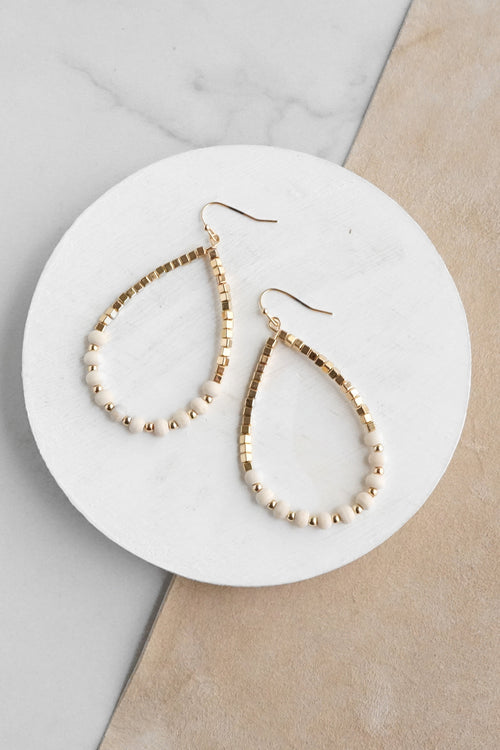 Natural Wood & Gold Beaded Teardrop Hoop Earrings in Cream