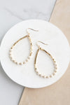 Natural Wood & Gold Beaded Teardrop Hoop Earrings in Cream