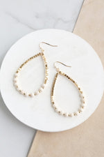 Natural Wood & Gold Beaded Teardrop Hoop Earrings in Cream