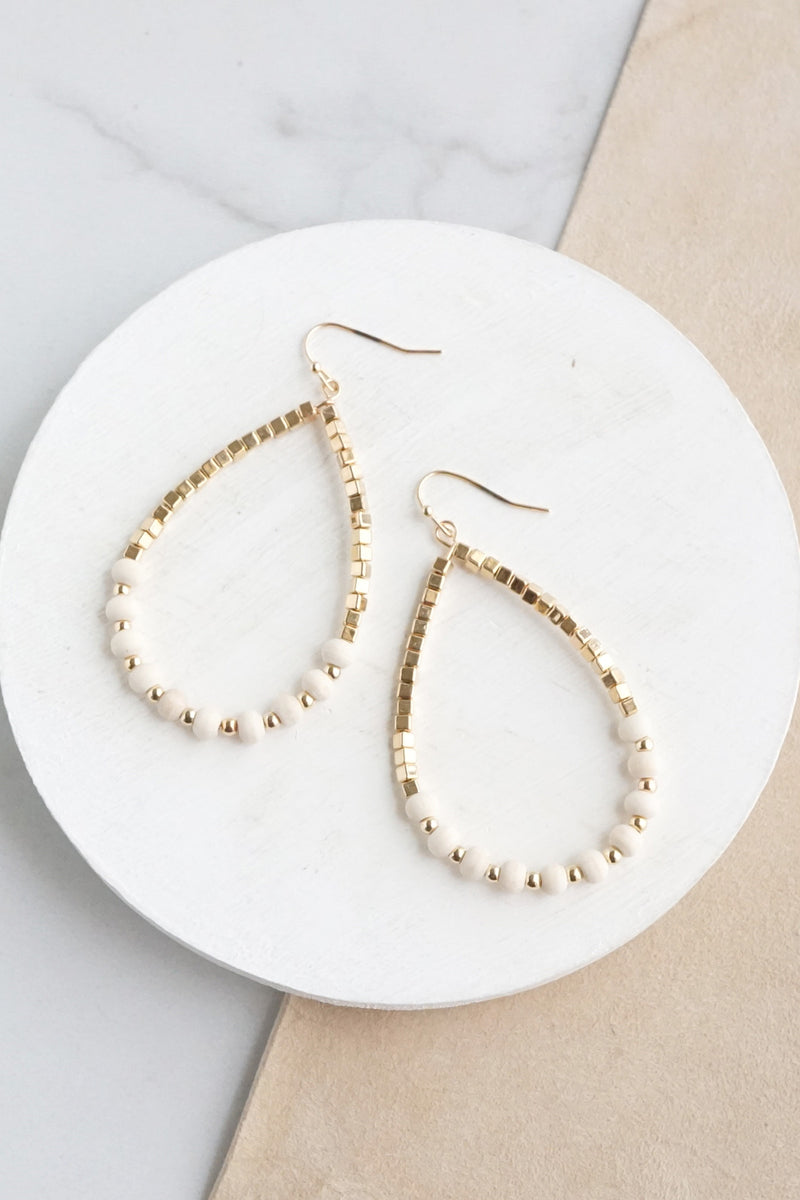 Natural Wood & Gold Beaded Teardrop Hoop Earrings in Cream