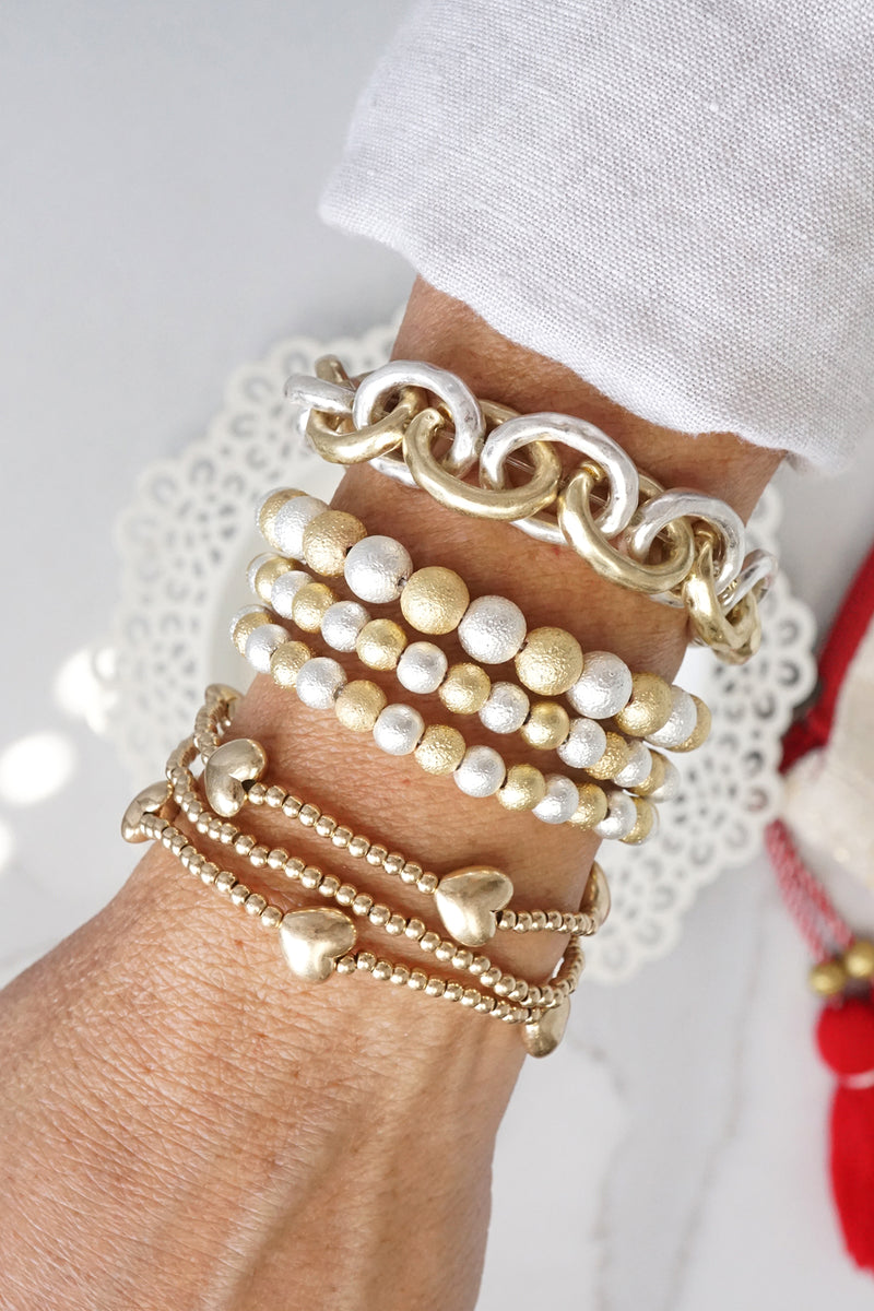 Silver Gold tone multi size textured beaded bracelet stack of 3 bracelets