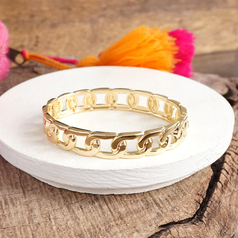 Chain Design Hinge Statement Bangle Bracelet in Gold tone