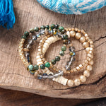 Bracelets stack of 4 piece beaded with Dark Green Semi Precious stones glass wooden and golden beads