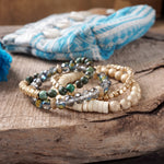 Bracelets stack of 4 piece beaded with Dark Green Semi Precious stones glass wooden and golden beads