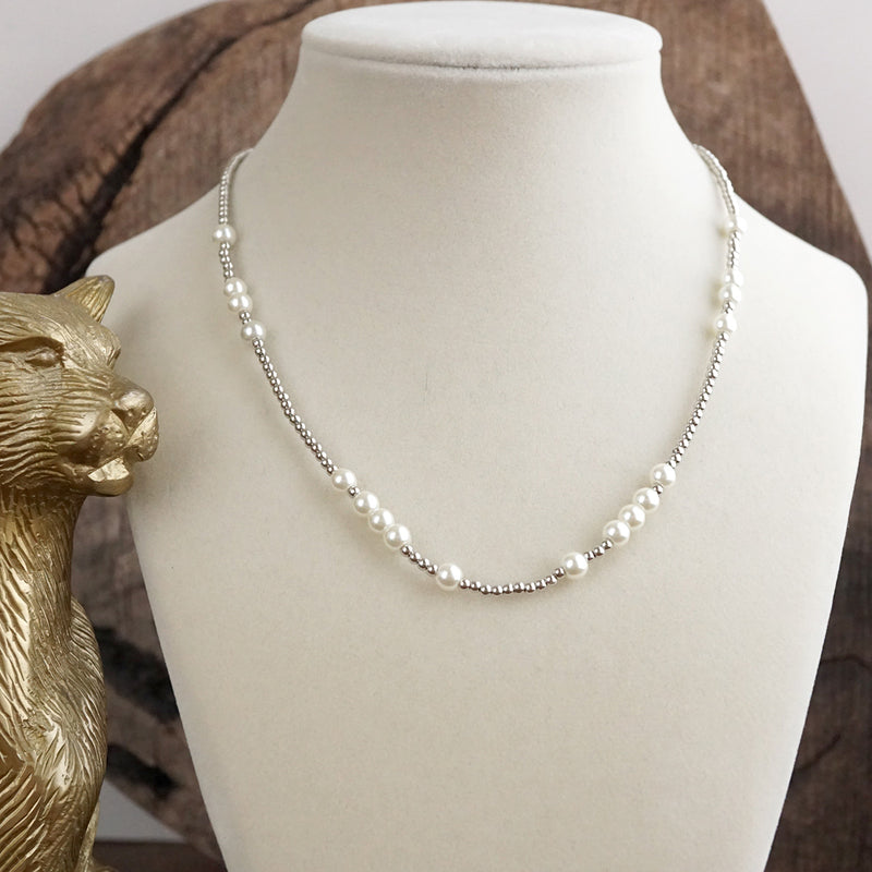 Short Dainty Necklace - Pearls and Ball Beads in Silver tone