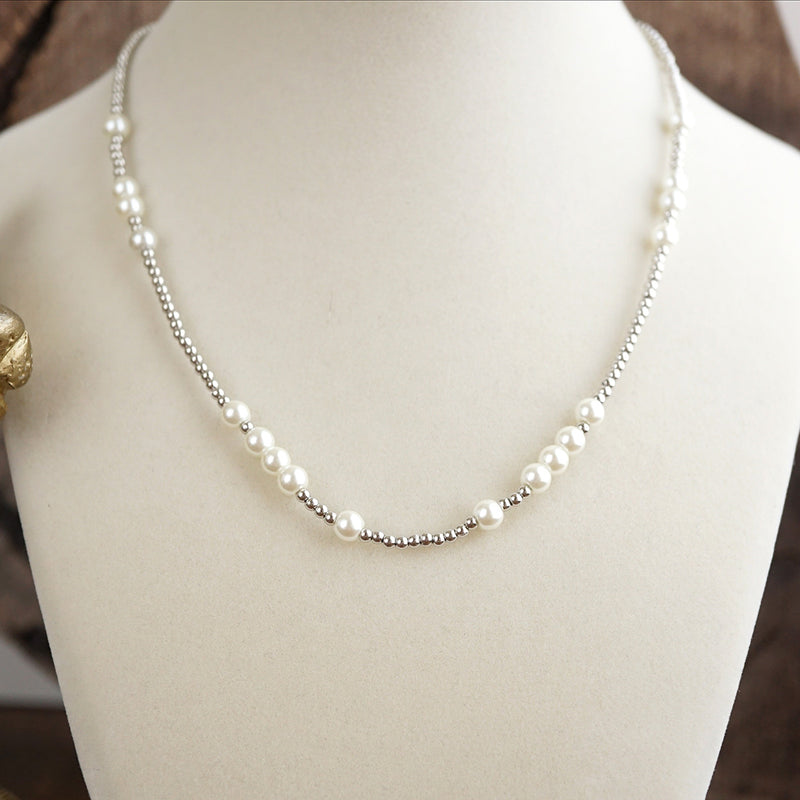 Short Dainty Necklace - Pearls and Ball Beads in Silver tone