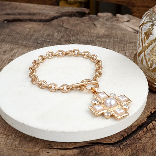 Divine Gleam – Hammered Cross Toggle Bracelet with Pearls & Crystals