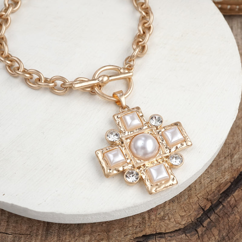 Divine Gleam – Hammered Cross Toggle Bracelet with Pearls & Crystals