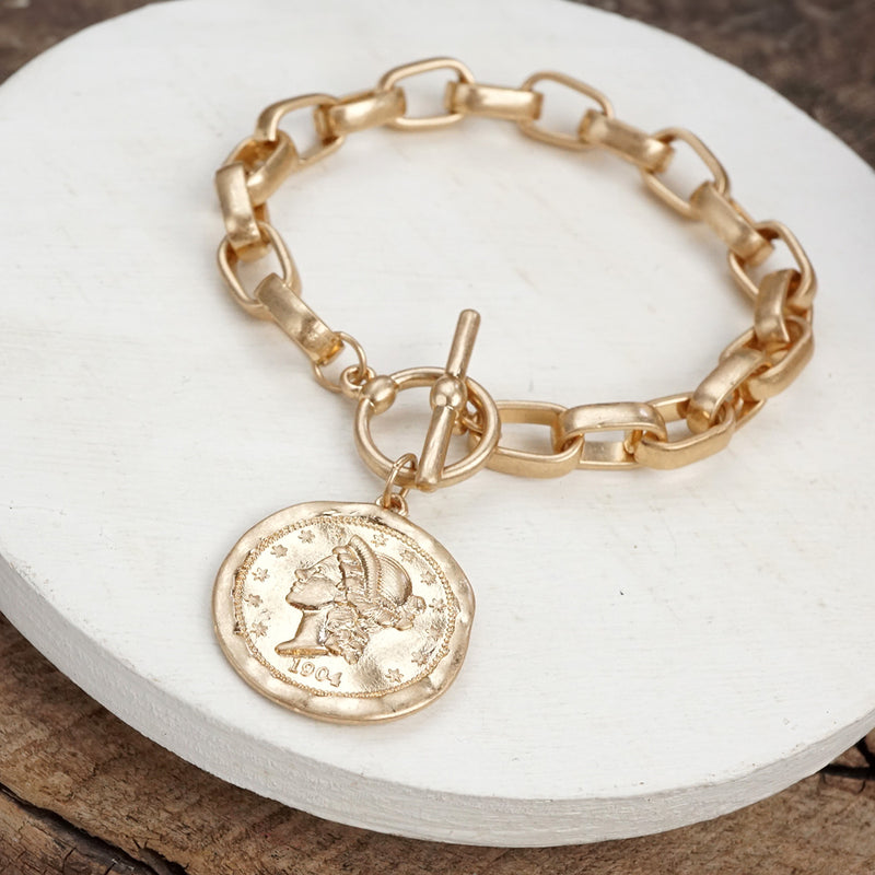 Urban Token – Cable Chain Toggle Bracelet with Coin Charm