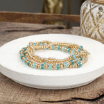 Aqua Glow – Beaded Bracelet Stack in Gold and Cool Blues (Set of 5)