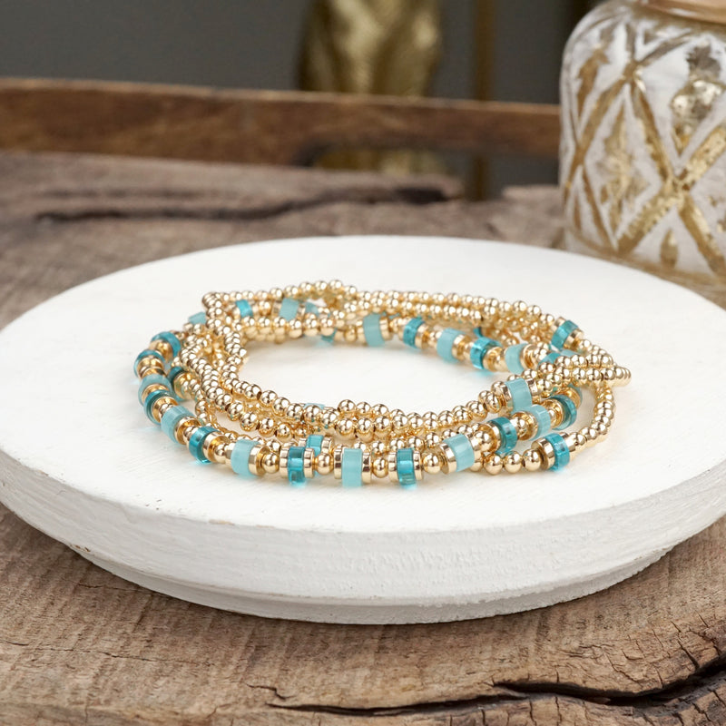 Aqua Glow – Beaded Bracelet Stack in Gold and Cool Blues (Set of 5)