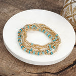Aqua Glow – Beaded Bracelet Stack in Gold and Cool Blues (Set of 5)