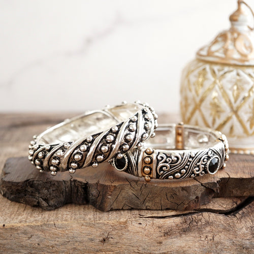 Moonlit Mesa – Textured Stretchy Bangles in Worn Silver