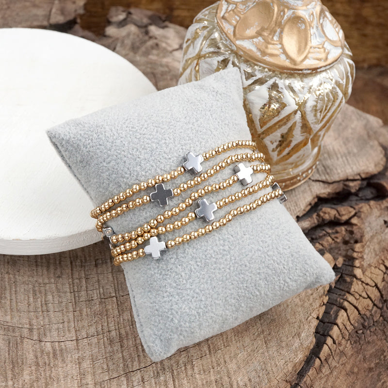 Crosslight Cascade – 5-Piece Gold Bead &amp; Silver Cross Station Bracelet Set