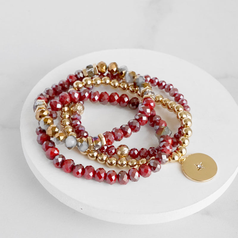Beaded Bracelets set Gold Coin Sparkly Wine Red Glass Metal beads