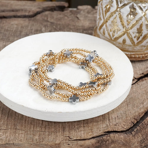 Crosslight Cascade – 5-Piece Gold Bead &amp; Silver Cross Station Bracelet Set