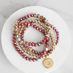 Beaded Bracelets set Gold Coin Sparkly Wine Red Glass Metal beads