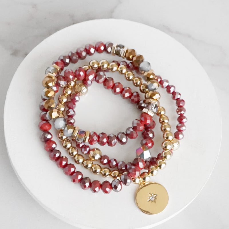 Beaded Bracelets set Gold Coin Sparkly Wine Red Glass Metal beads