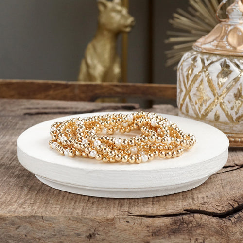 Golden Harmony – Set of 9 Stretchy Bracelets with Pearls and Gold Beads