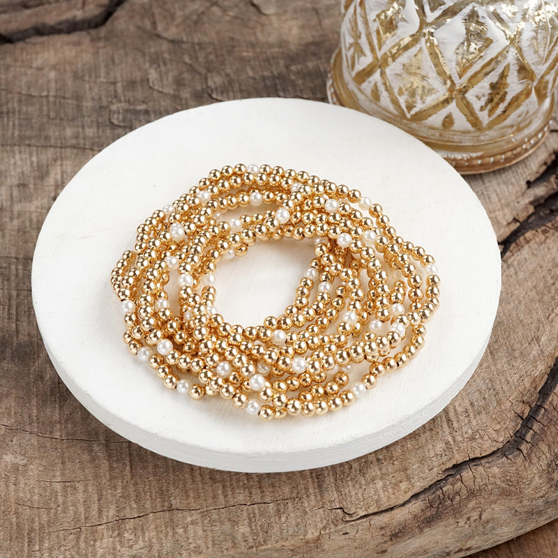 Golden Harmony – Set of 9 Stretchy Bracelets with Pearls and Gold Beads
